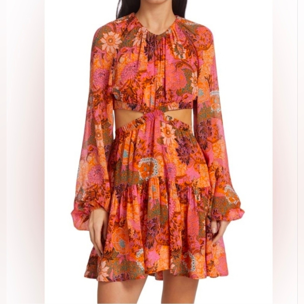 A.L.C. Izzy Silk Cutout Mini Dress Romantic Boho Floral Paisley Pink Orange 0